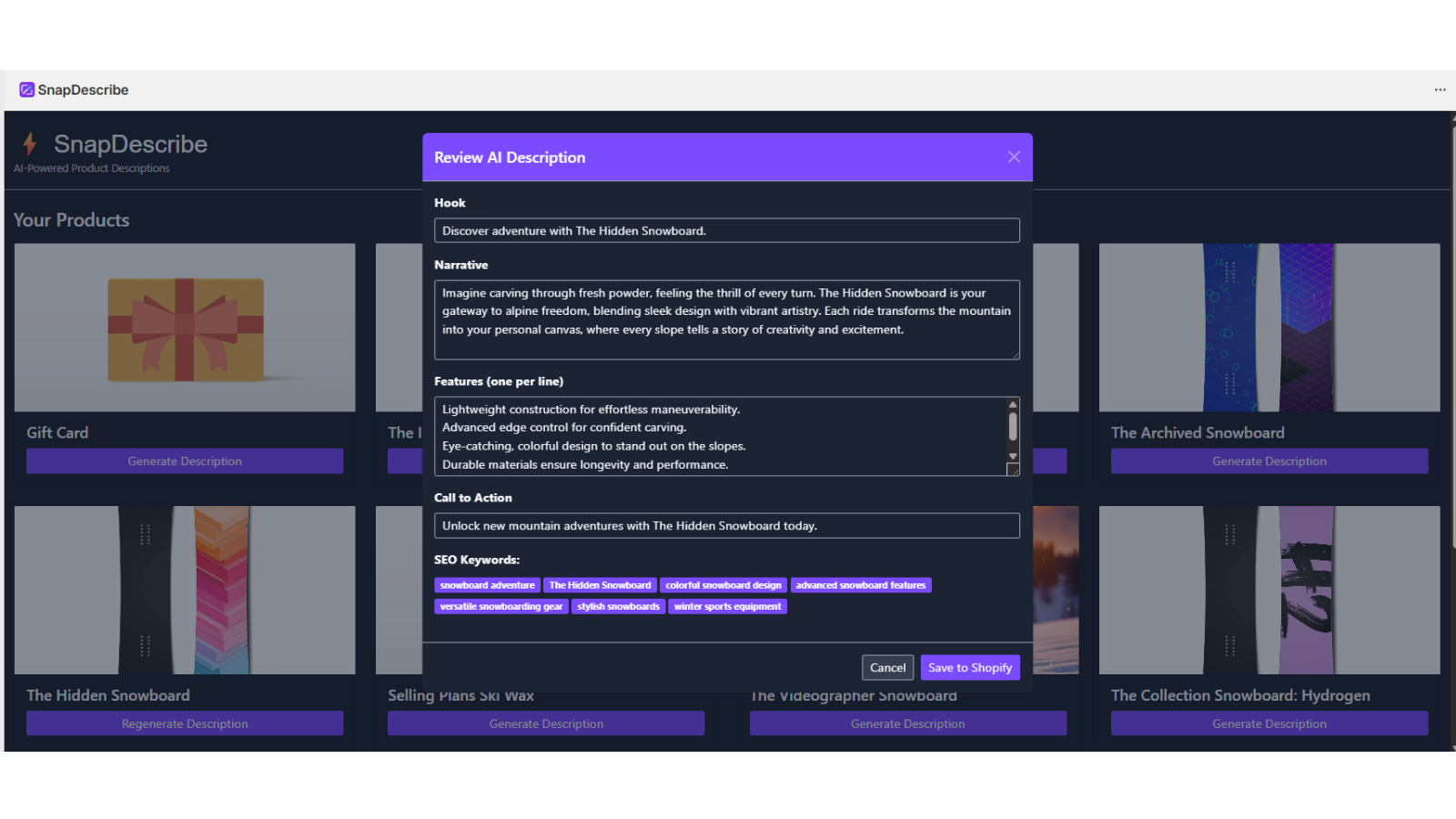 AI-generated Shopify product description example with SnapDescribe